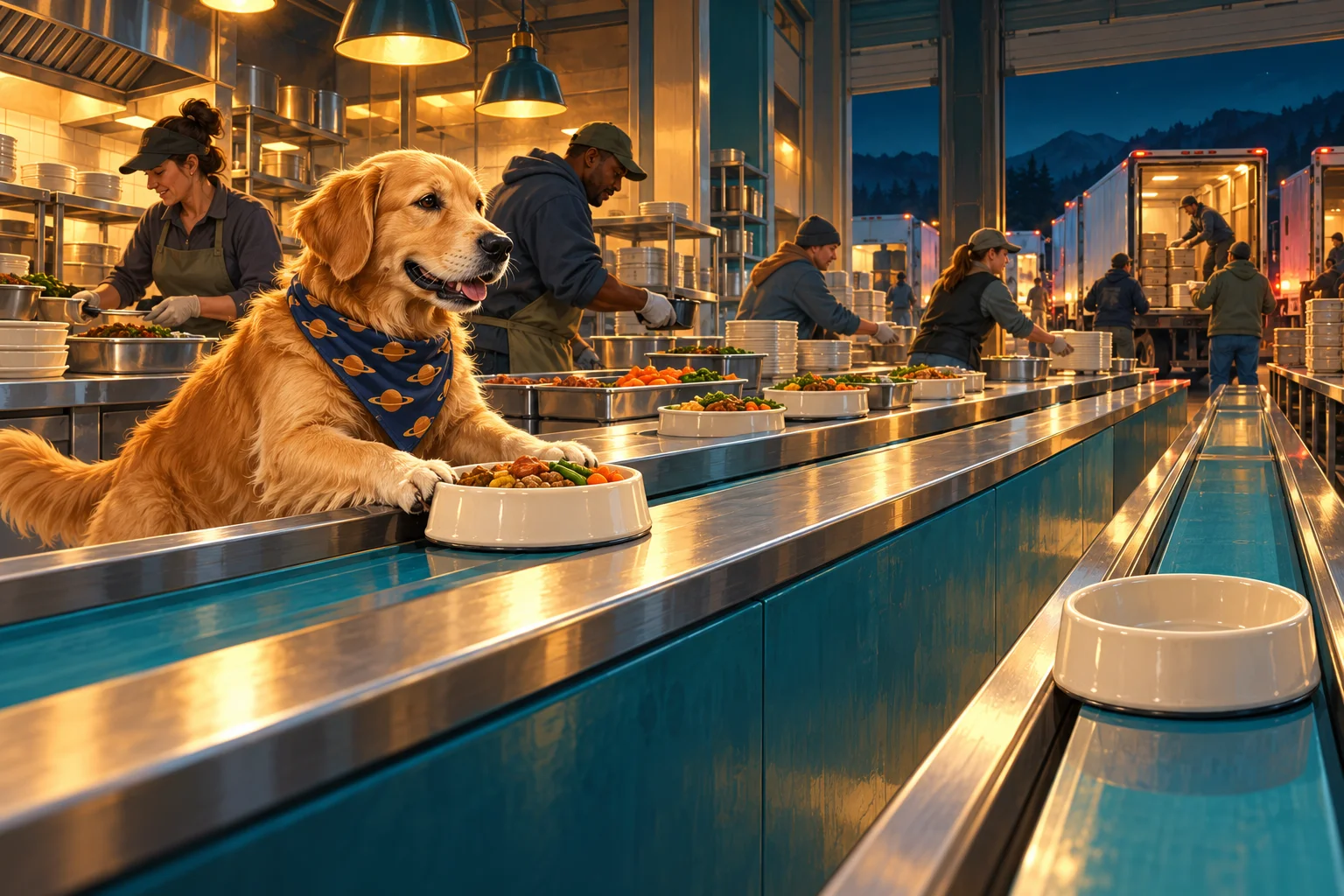 A working golden retriever sends ceramic bowls across a community canteen.